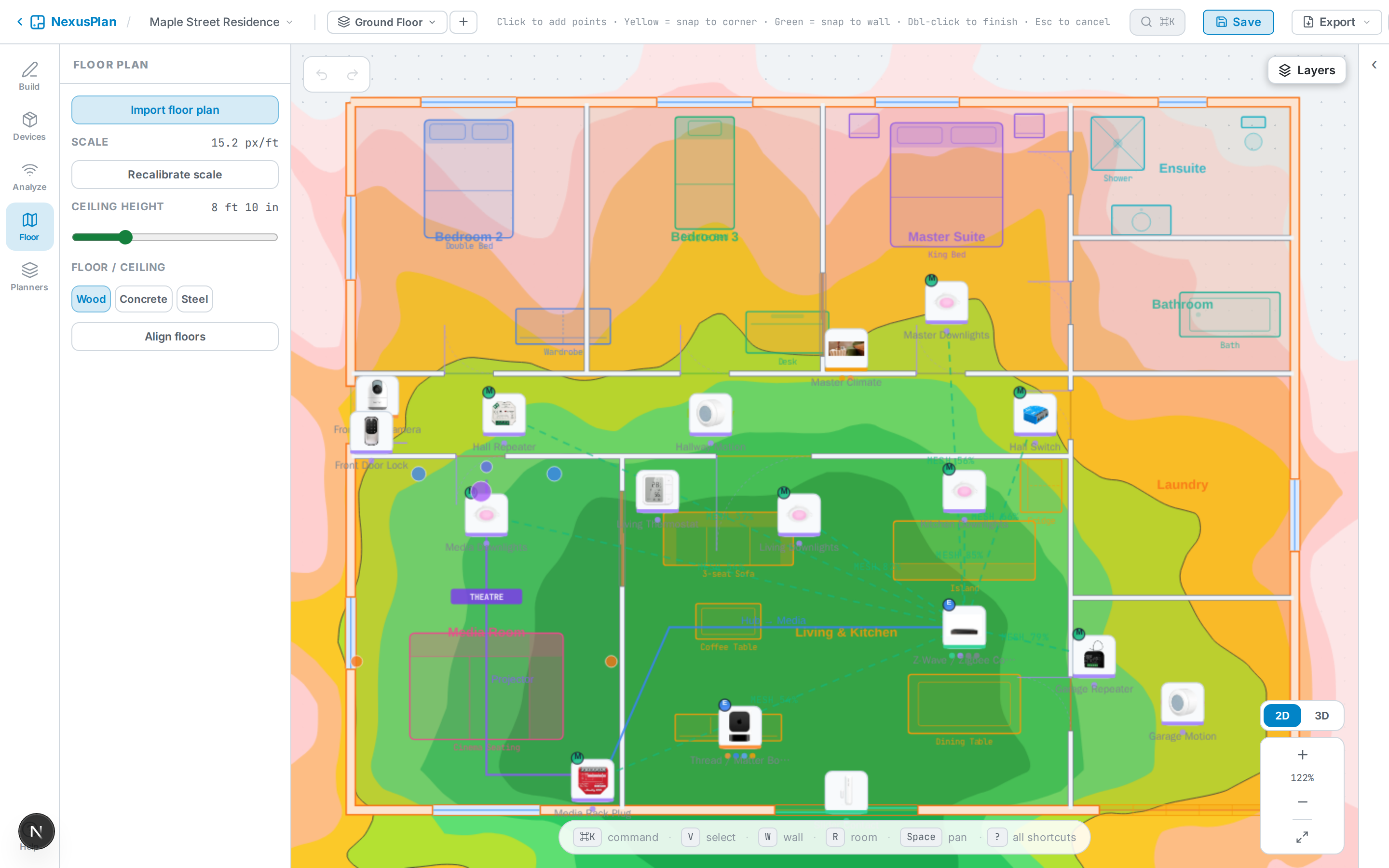The Floor panel, where you import a plan image and set its scale.