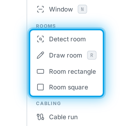 The room tools in the Build panel — Detect room, Draw room, and rectangle/square helpers.