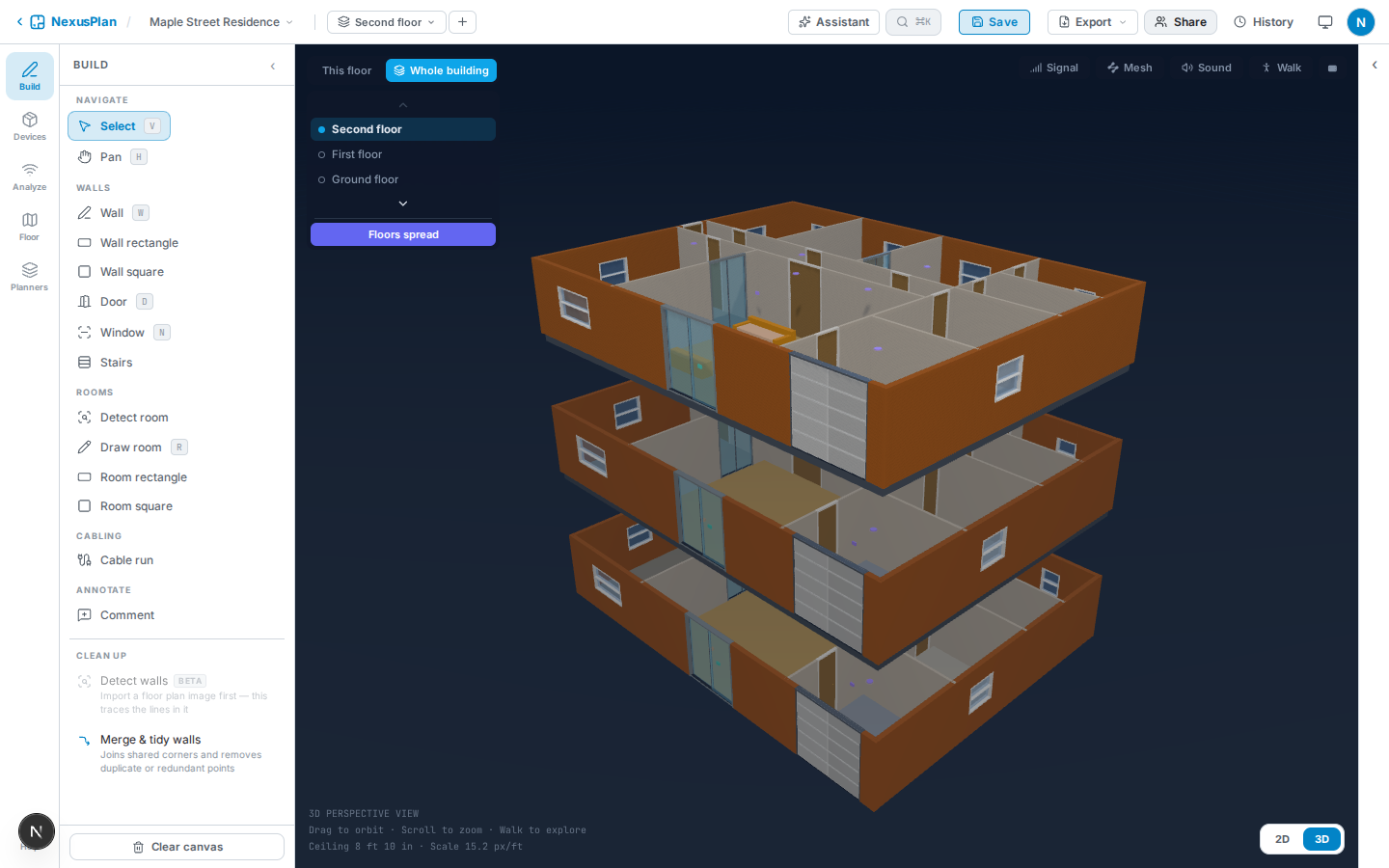 Spread floors: each storey pulled apart.