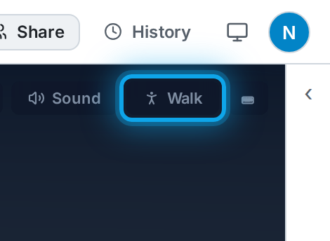 The Walk button enters the first-person walkthrough.