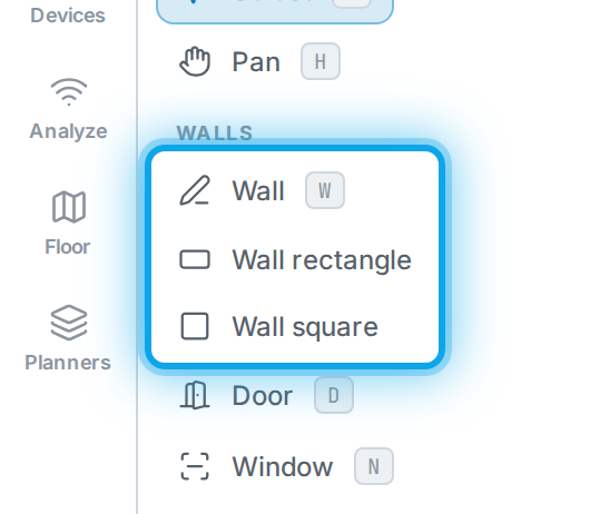 The Walls group in the Build panel, with the Wall, Wall rectangle and Wall square tools highlighted.