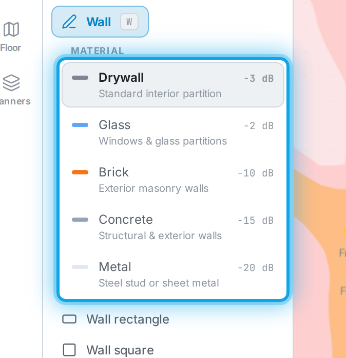 The material list for a wall — Drywall, Glass, Brick, Concrete and Metal — each showing how much signal it blocks in dB.
