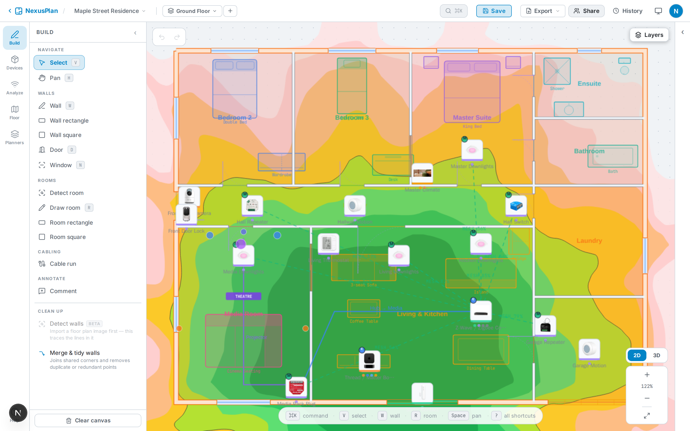 The NexusPlan editor with the Build panel open, showing the wall, room and opening tools alongside a floor plan.